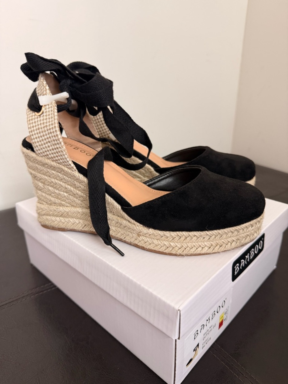 BAMBOO Black Espadrille Wedge Ankle Tie Platform Sandals